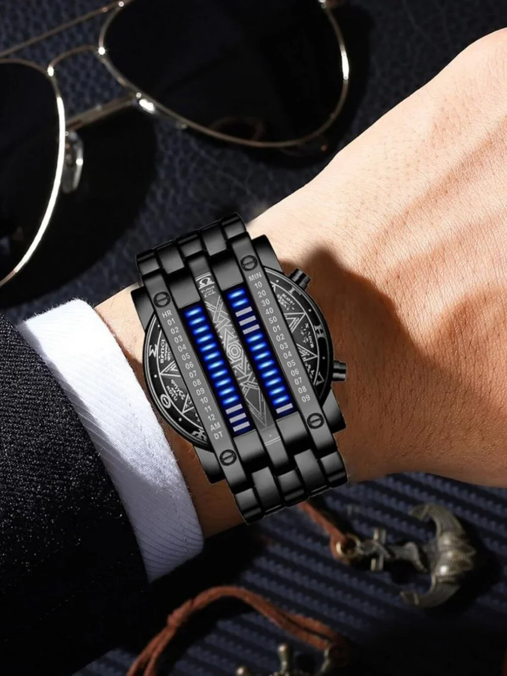 Stylish Men's Blue LED Digital Watch - Waterproof, Classic Black Plated Bracelet